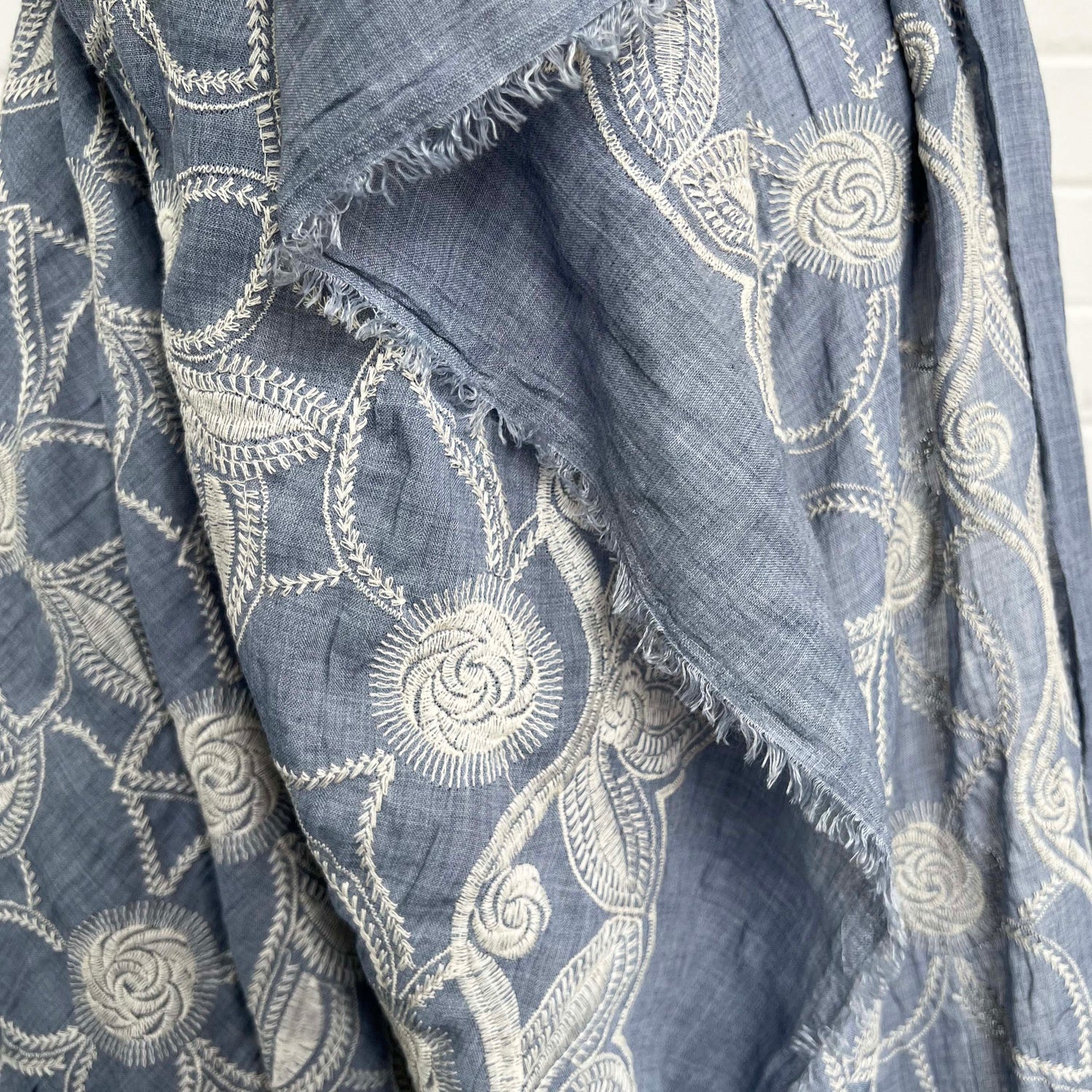Boho Blue Floral Cotton Embroidered Sky 123gsm Dress Fabric Hang