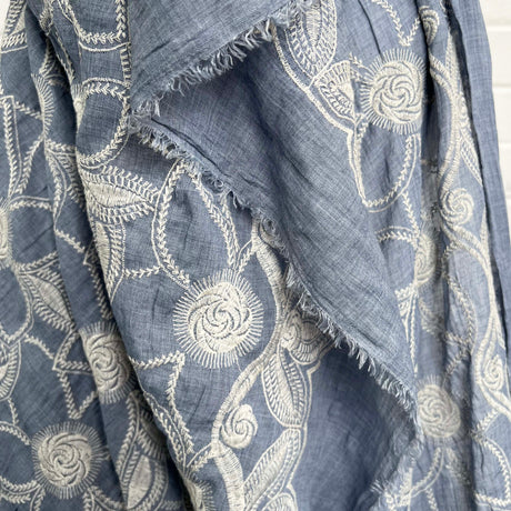 Boho Blue Floral Cotton Embroidered Sky 123gsm Dress Fabric Hang