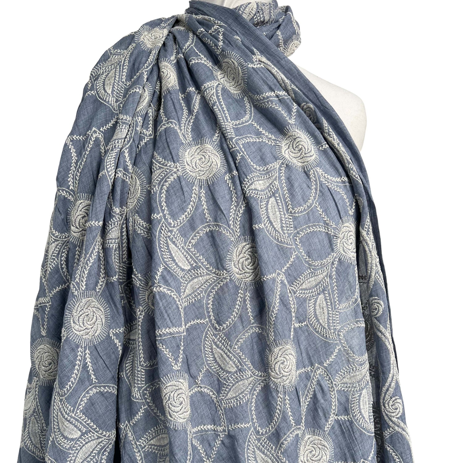 Boho Blue Floral Cotton Embroidered Sky 123gsm Dress Fabric Mannequin