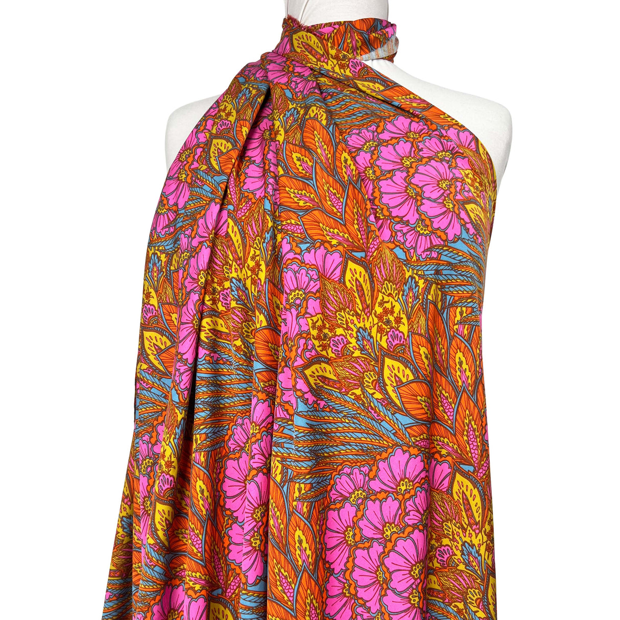 Bold Floral Paisley Orange and Pink Viscose Abstract Dress Fabric Mannequin