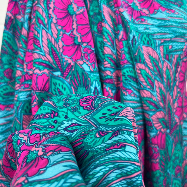 Bold Floral Paisley Teal and Pink Viscose Abstract Dress Fabric CU