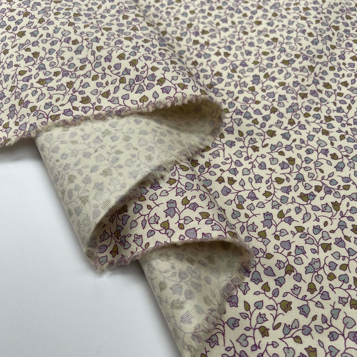 Brushed Cotton Winter Meadow Lavender Cream Small Leaf Print Flannel Fabric Fold