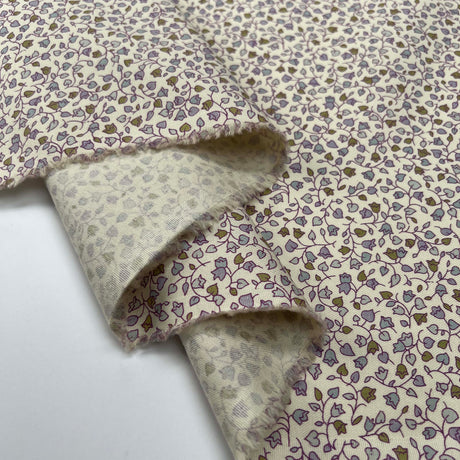Brushed Cotton Winter Meadow Lavender Cream Small Leaf Print Flannel Fabric Fold