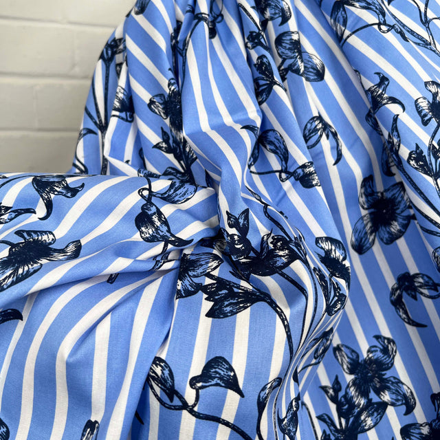 Chelsea Garden Cotton Blue White Floral Stripe Dress Fabric CU