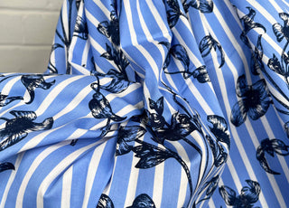 Chelsea Garden Cotton Blue White Floral Stripe Dress Fabric CU