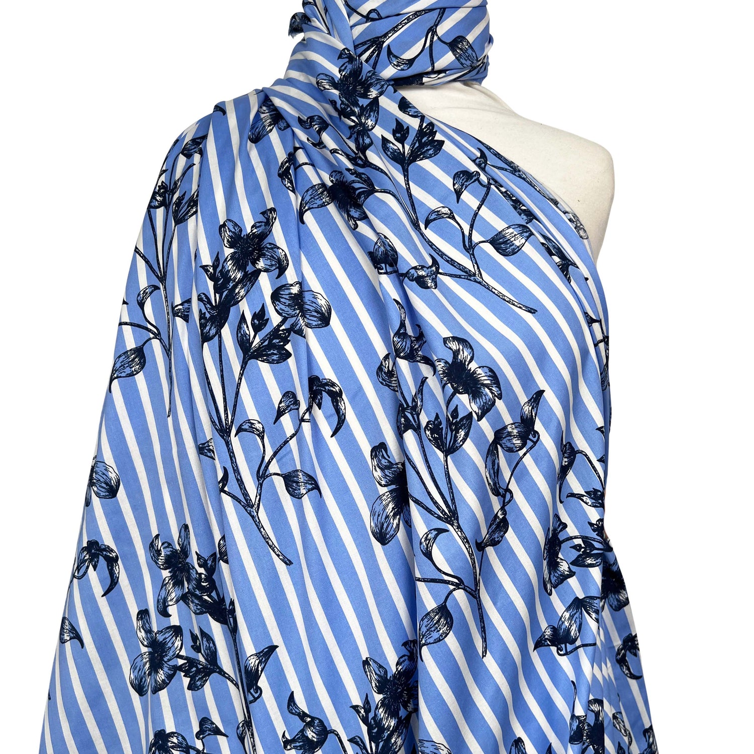 Chelsea Garden Cotton Blue White Floral Stripe Dress Fabric Mannequn