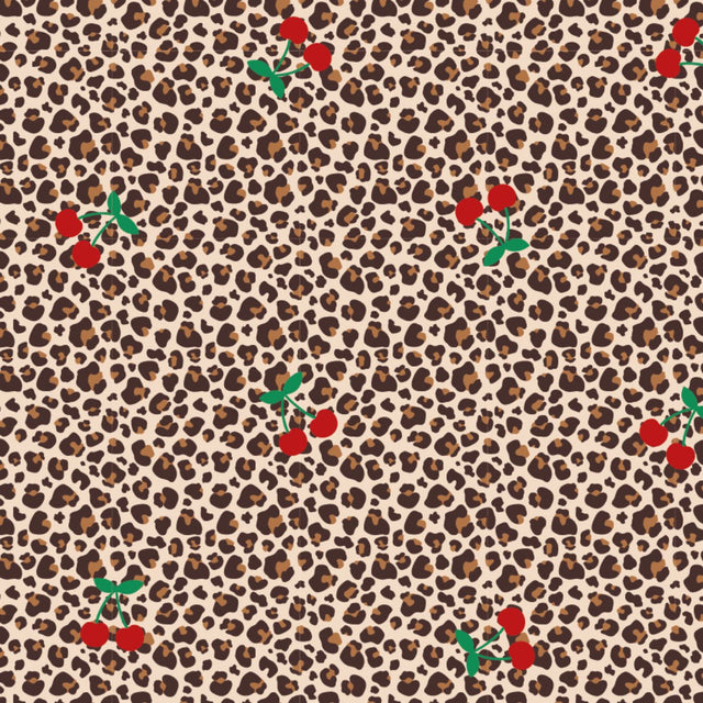 Cherry Roar Animal Fruit Print Knitted Cotton Jersey 190gsm Dress Fabric Flat