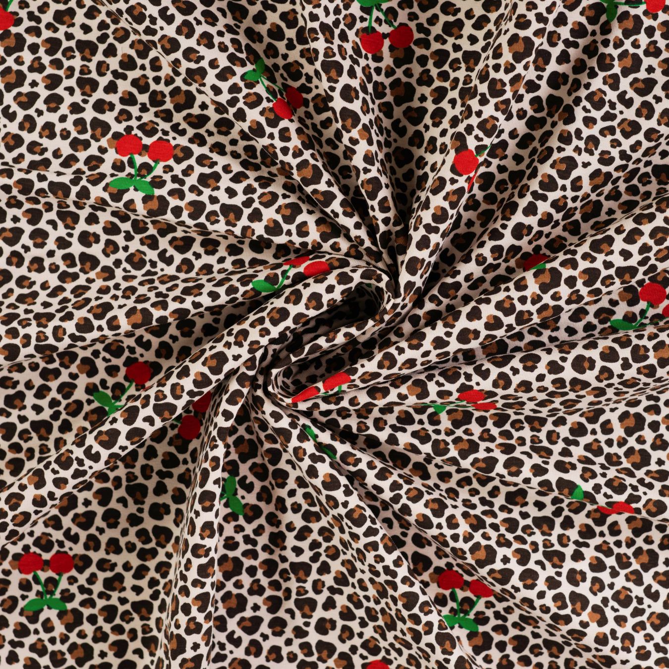 Cherry Roar Animal Fruit Print Knitted Cotton Jersey 190gsm Dress Fabric Swirl