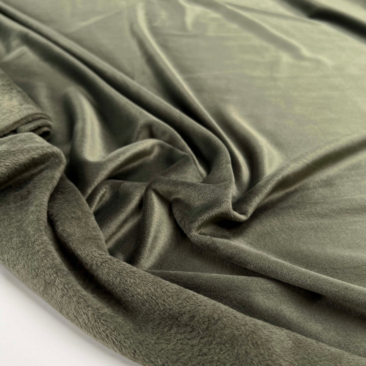 Comfort Velour Olive Green Polyester Elastane Soft Fleece Jersey Fabric Close Up