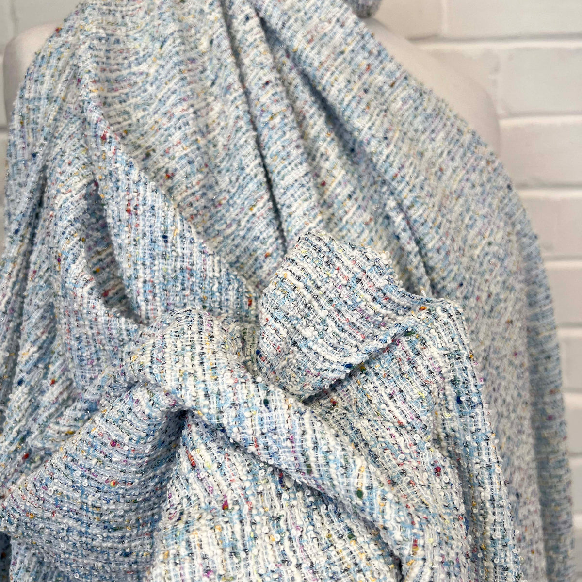 Confetti Tweed Aqua Blue Poly Cotton Metallic Jersey Fabric CU
