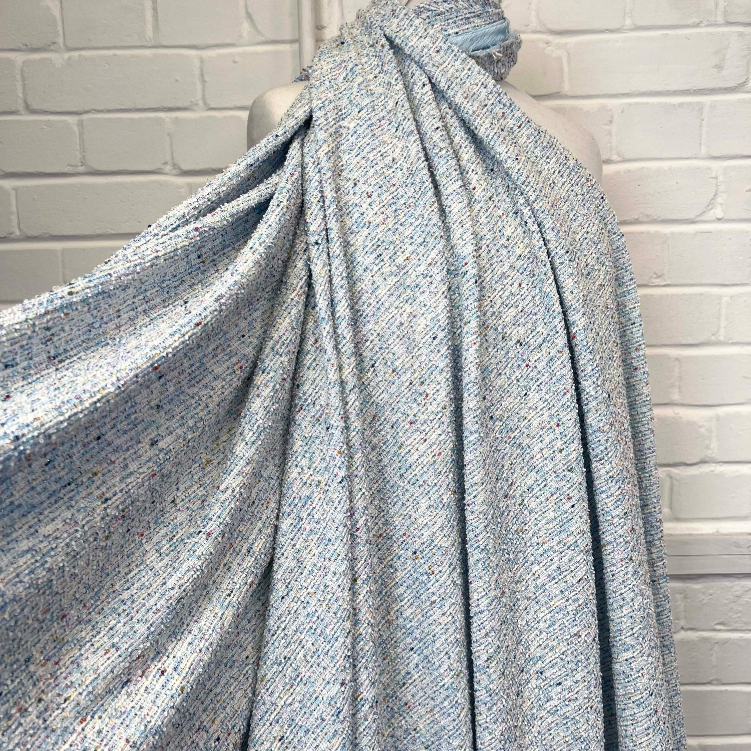 Confetti Tweed Aqua Blue Poly Cotton Metallic Jersey Fabric Mannequin
