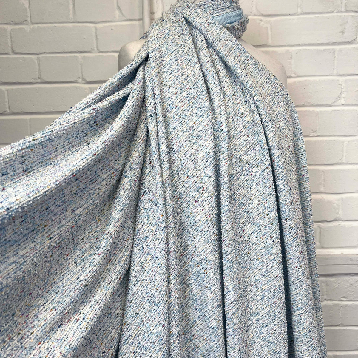 Confetti Tweed Aqua Blue Poly Cotton Metallic Jersey Fabric Mannequin