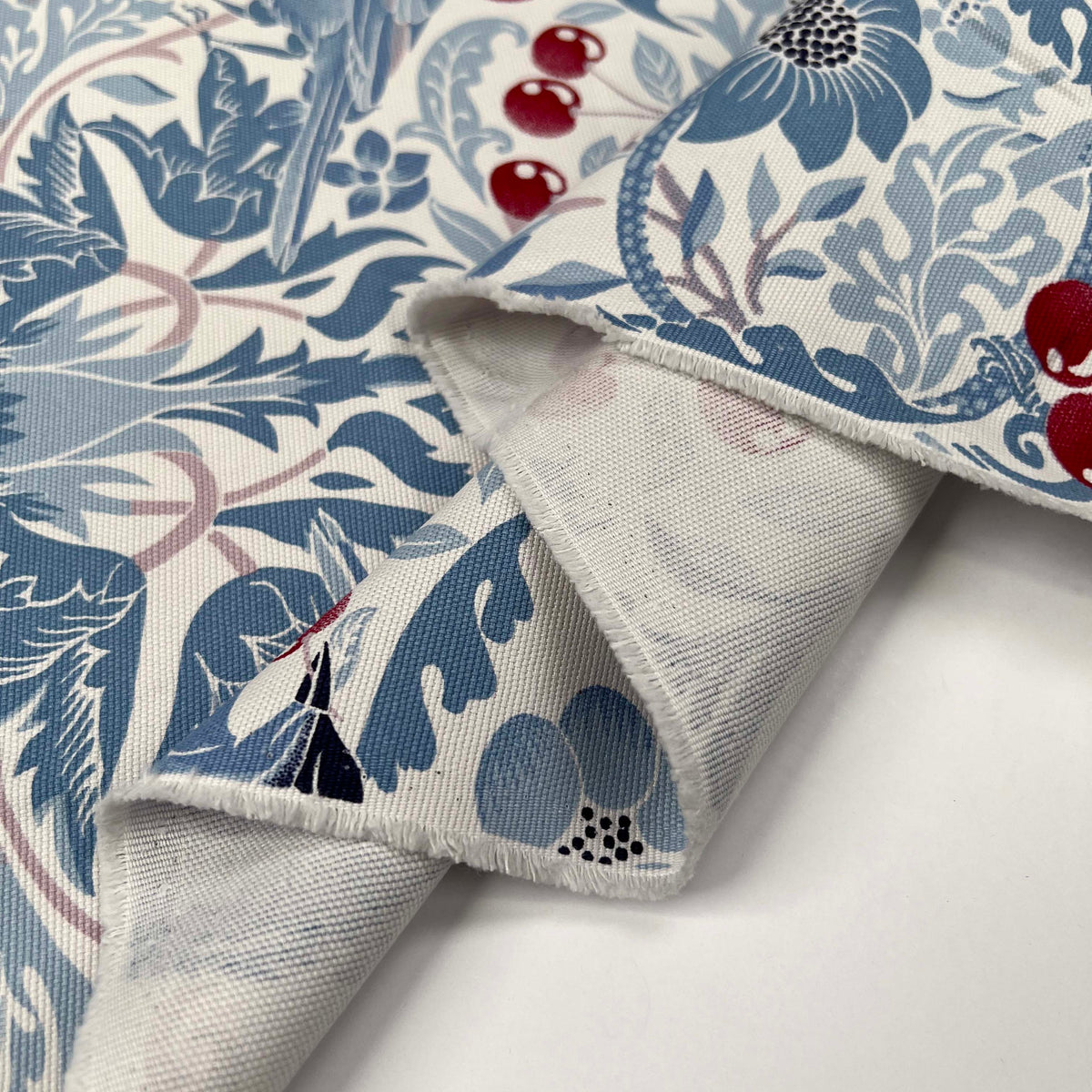White & Blue Printed Craft Dress Fabric Cotton Canvas - Cherry Bird Fold