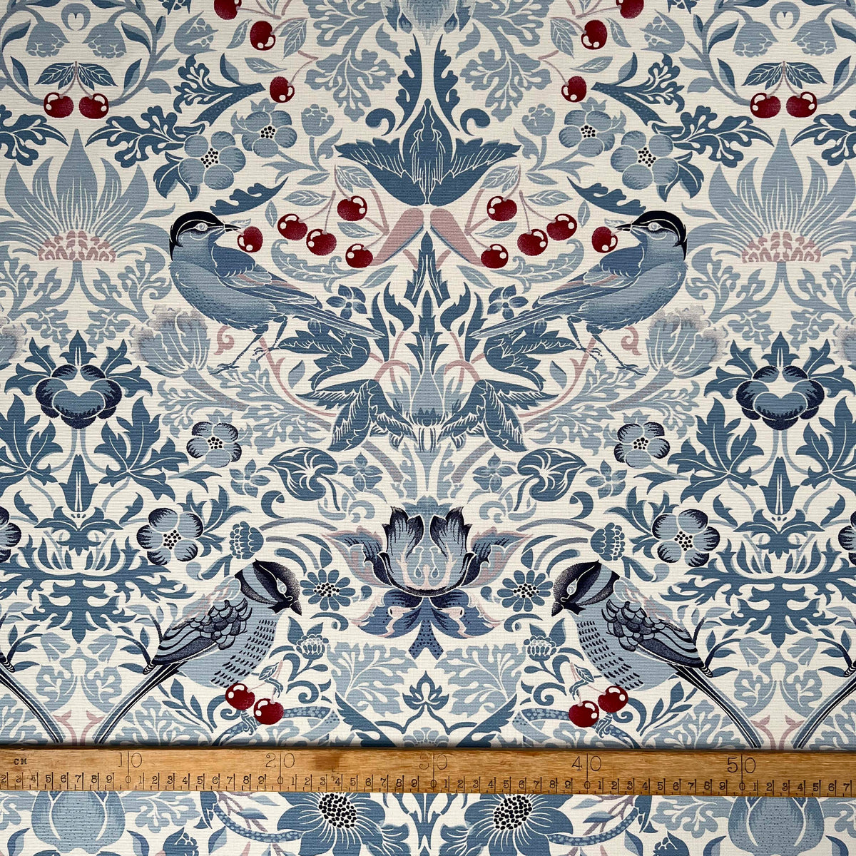 White & Blue Printed Craft Dress Fabric Cotton Canvas - Cherry Bird Full