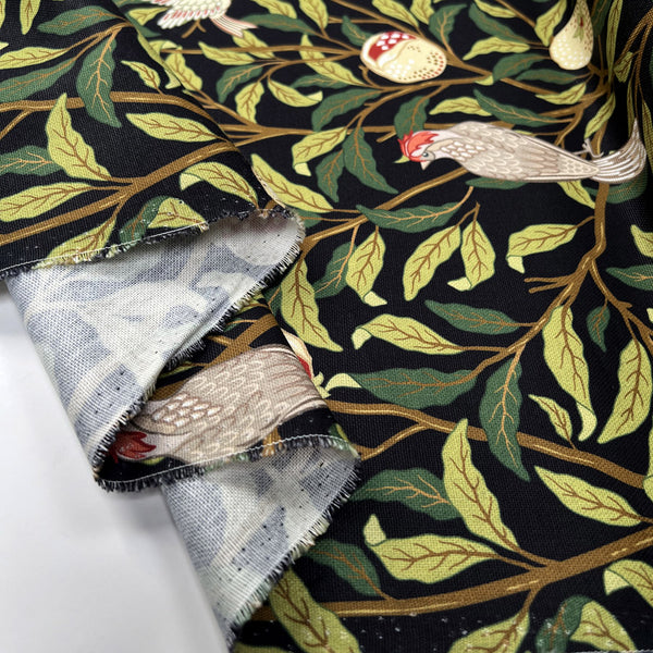 Cotton Painted Blooms Black Green Leaf Bird Printed Canvas Woven Fabric Fold