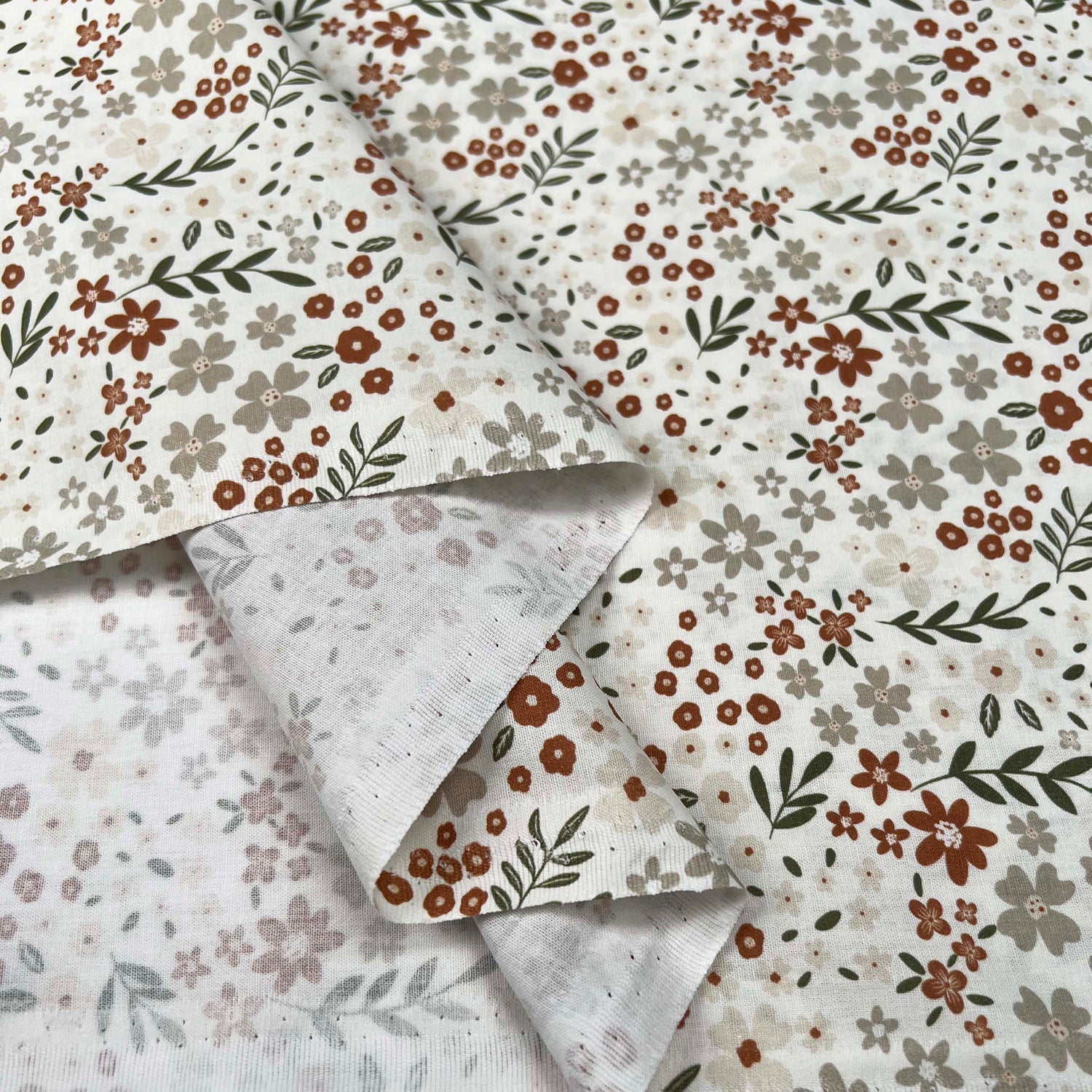 Cotton Poplin Soft Meadow Floral Off White Brown Green Woven Dress Fabric Fold