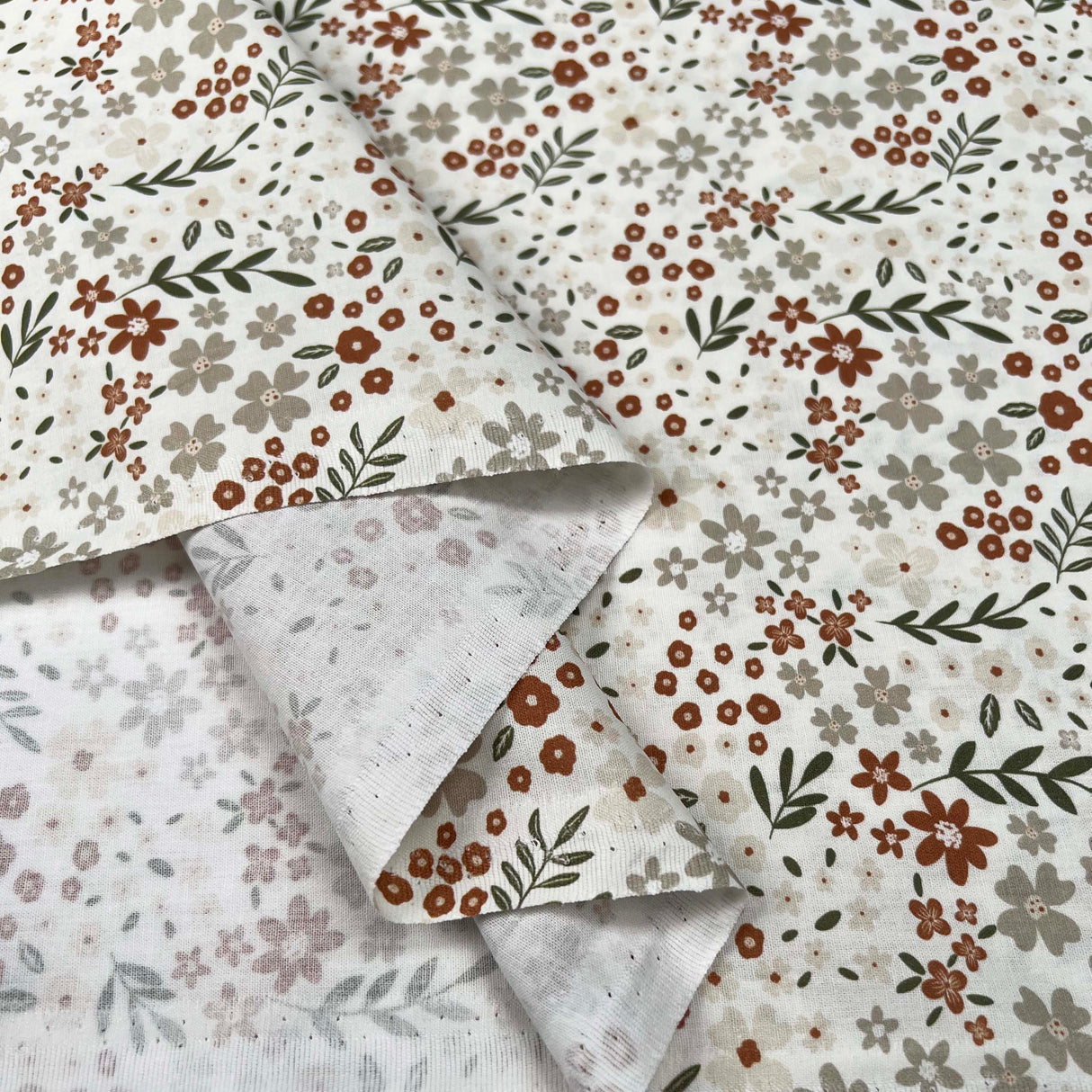 Cotton Poplin Soft Meadow Floral Off White Brown Green Woven Dress Fabric Fold