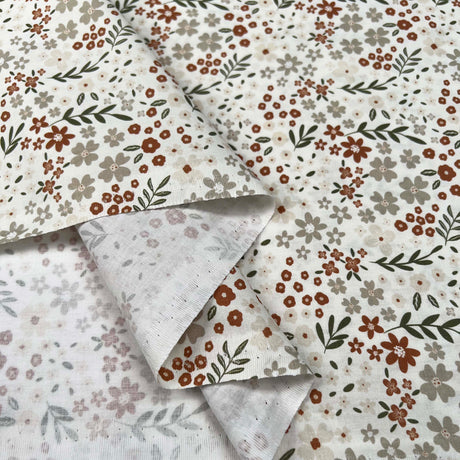 Cotton Poplin Soft Meadow Floral Off White Brown Green Woven Dress Fabric Fold