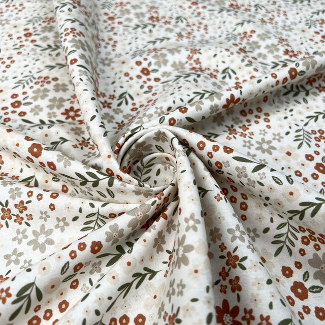 Cotton Poplin Soft Meadow Floral Off White Brown Green Woven Dress Fabric Twist