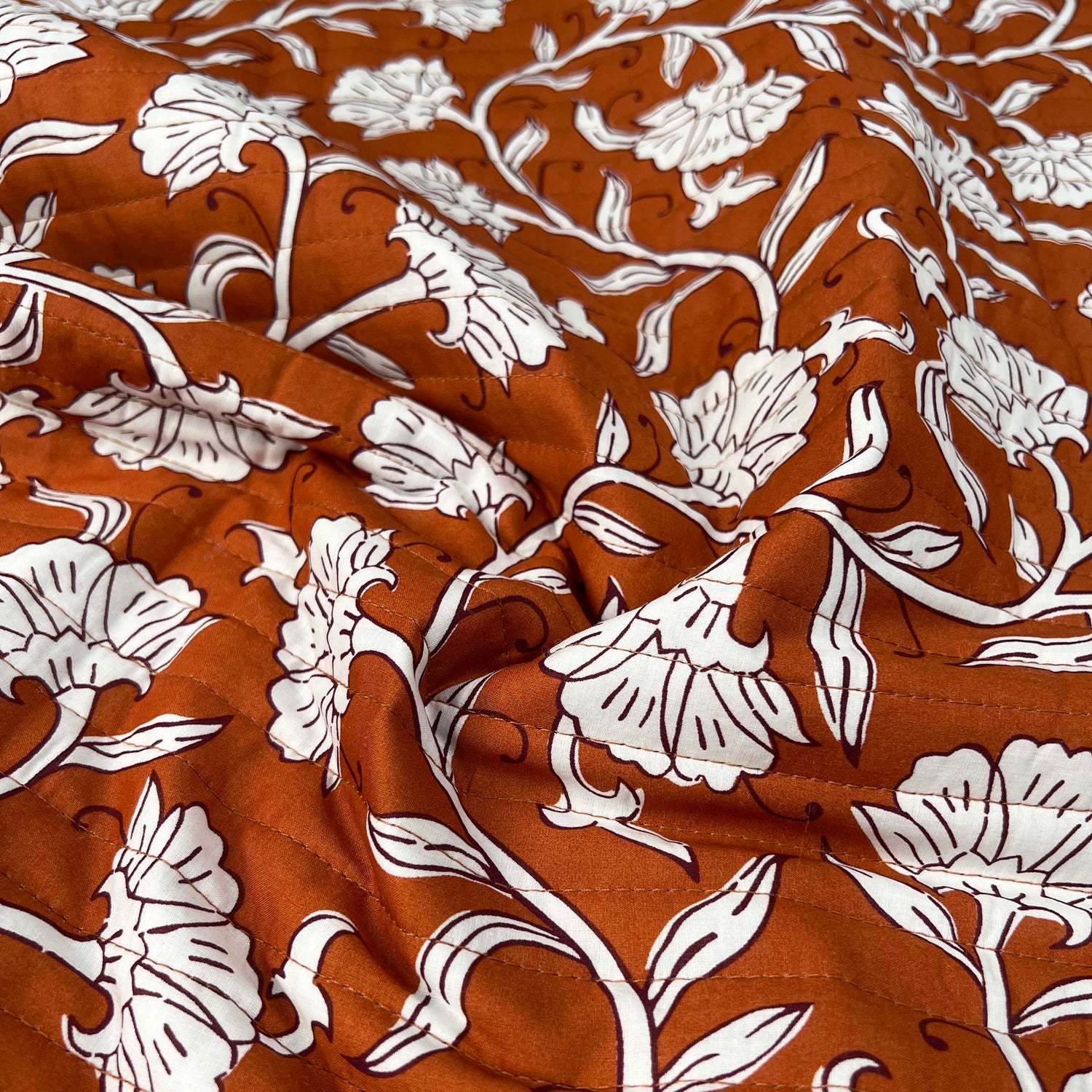Cotton_Quilted_Voile_Retro_Stripe_Floral_Orange_Wadded_Reversible_Coating_Fabric_Face