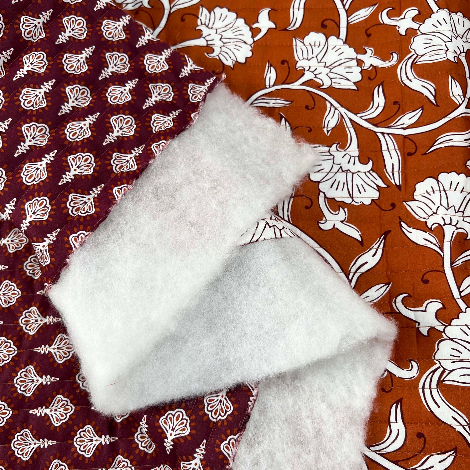 Cotton_Quilted_Voile_Retro_Stripe_Floral_Orange_Wadded_Reversible_Coating_Fabric_Fold