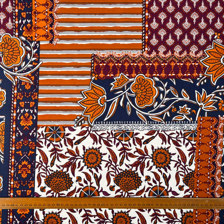 Cotton_Voile_Abstract_Patchwork_Orange_Navy_Dress_Fabric_Ruler