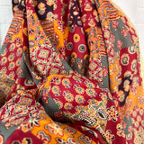 Cotton Voile Asha Red Patchwork Abstract Batik Printed Oeko Tex Dress Fabric Close up