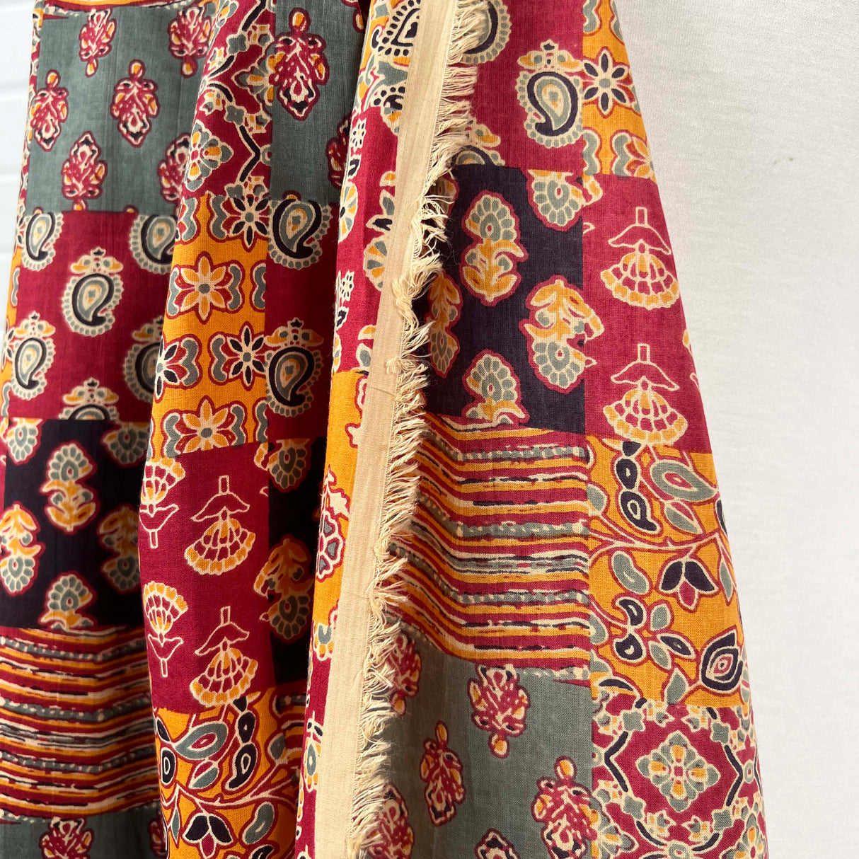 Cotton Voile Asha Red Patchwork Abstract Batik Printed Oeko Tex Dress Fabric Fold