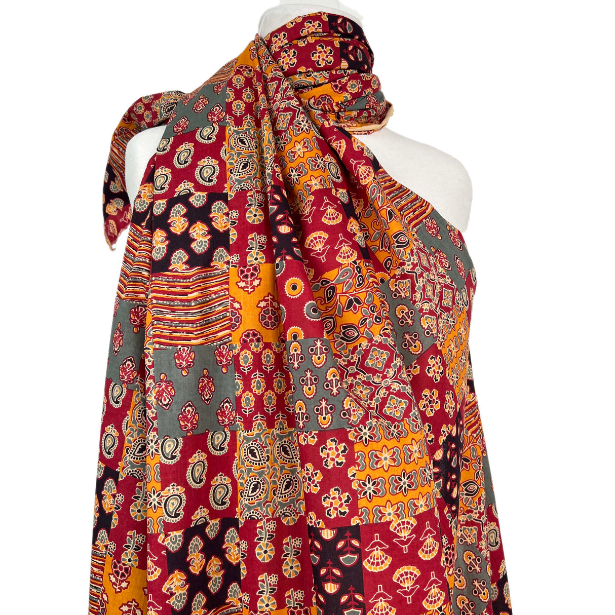 Cotton Voile Asha Red Patchwork Abstract Batik Printed Oeko Tex Dress Fabric Mannequin