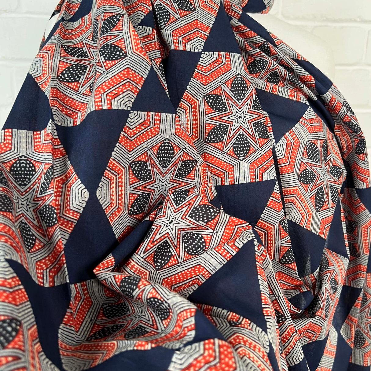Cotton Voile Meera Navy Abstract Batik Printed Oeko Tex Fabric Close up