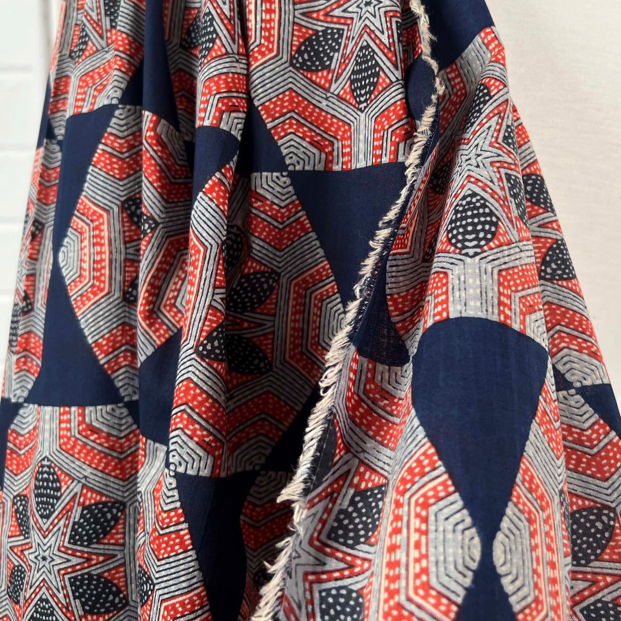 Cotton Voile Meera Navy Abstract Batik Printed Oeko Tex Fabric Hang