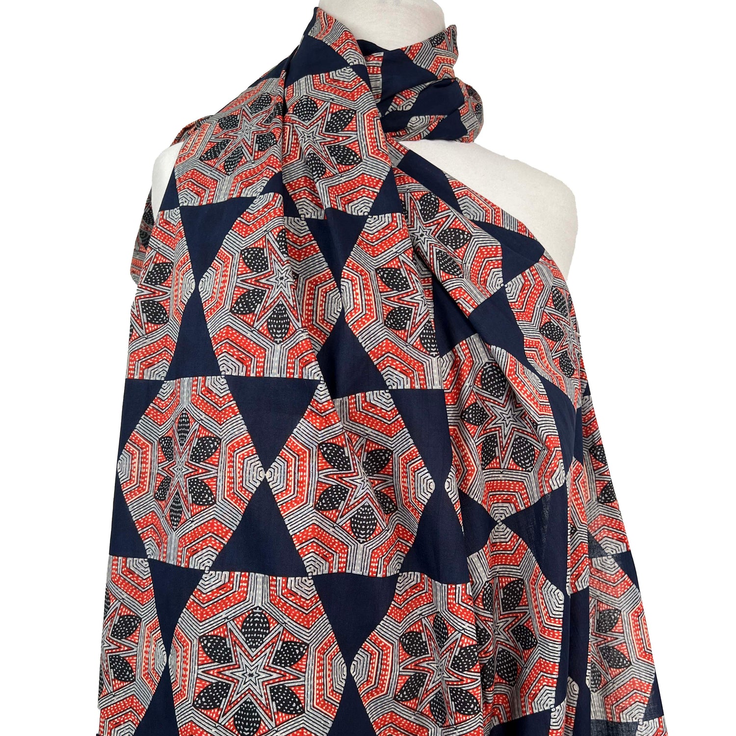 Cotton Voile Meera Navy Abstract Batik Printed Oeko Tex Fabric Mannequin