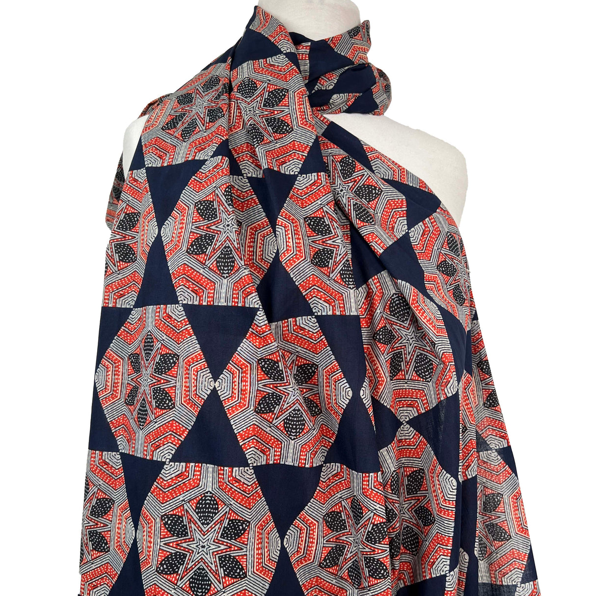 Cotton Voile Meera Navy Abstract Batik Printed Oeko Tex Fabric Mannequin