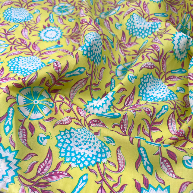 Cotton_Voile_Retro_Floral_Yellow_Blue_Abstract_Dress_Fabric_CU