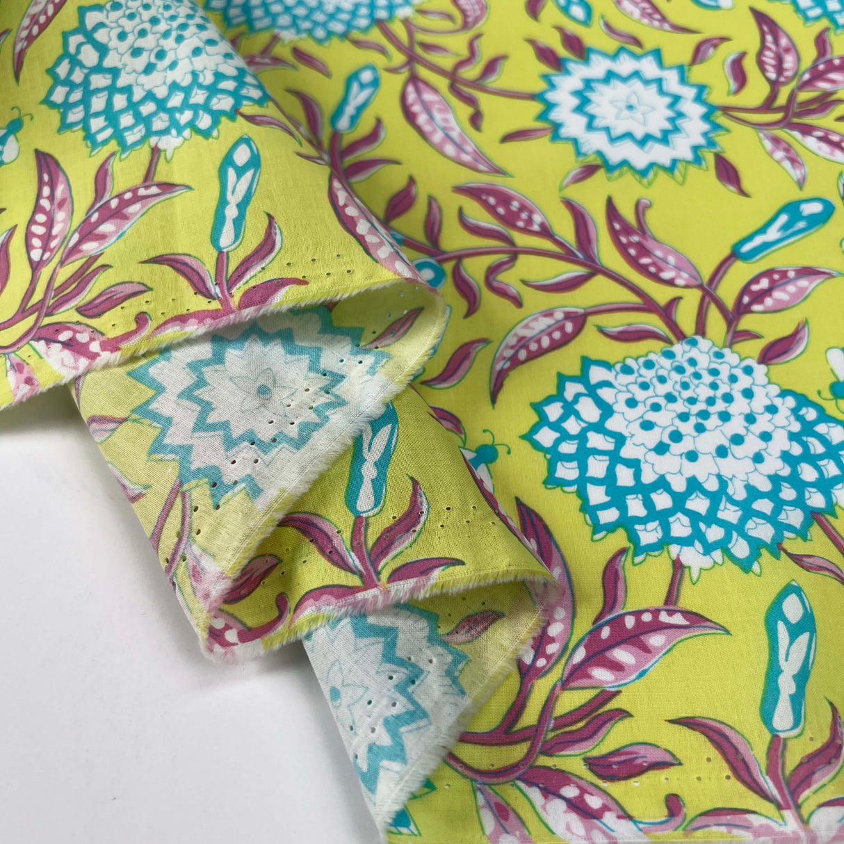 Cotton_Voile_Retro_Floral_Yellow_Blue_Abstract_Dress_Fabric_Fold