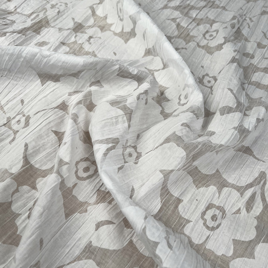 Soft Textured Dressmaking Fabric | Crinkle Cotton Blend - White Floral CLOSE UP