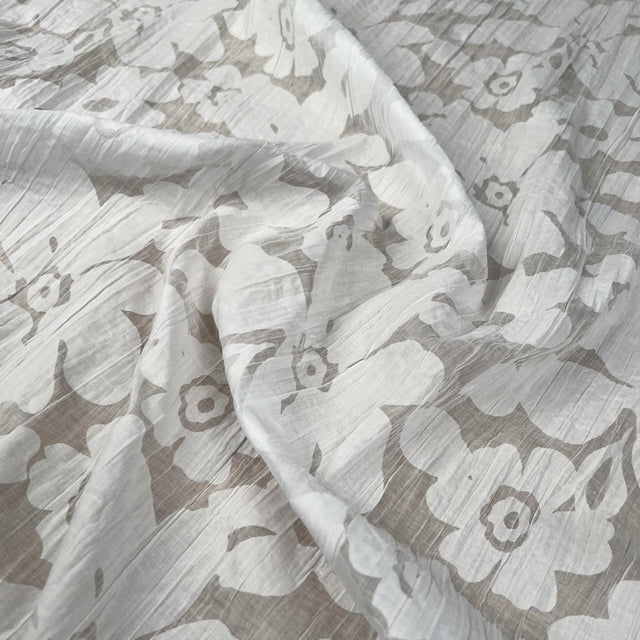 Soft Textured Dressmaking Fabric | Crinkle Cotton Blend - White Floral CLOSE UP