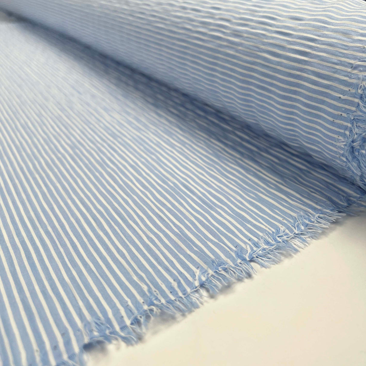 Crinkle Seersucker Stripe Light Blue Cotton Polyester Elastane White Woven Dress Fabric Roll