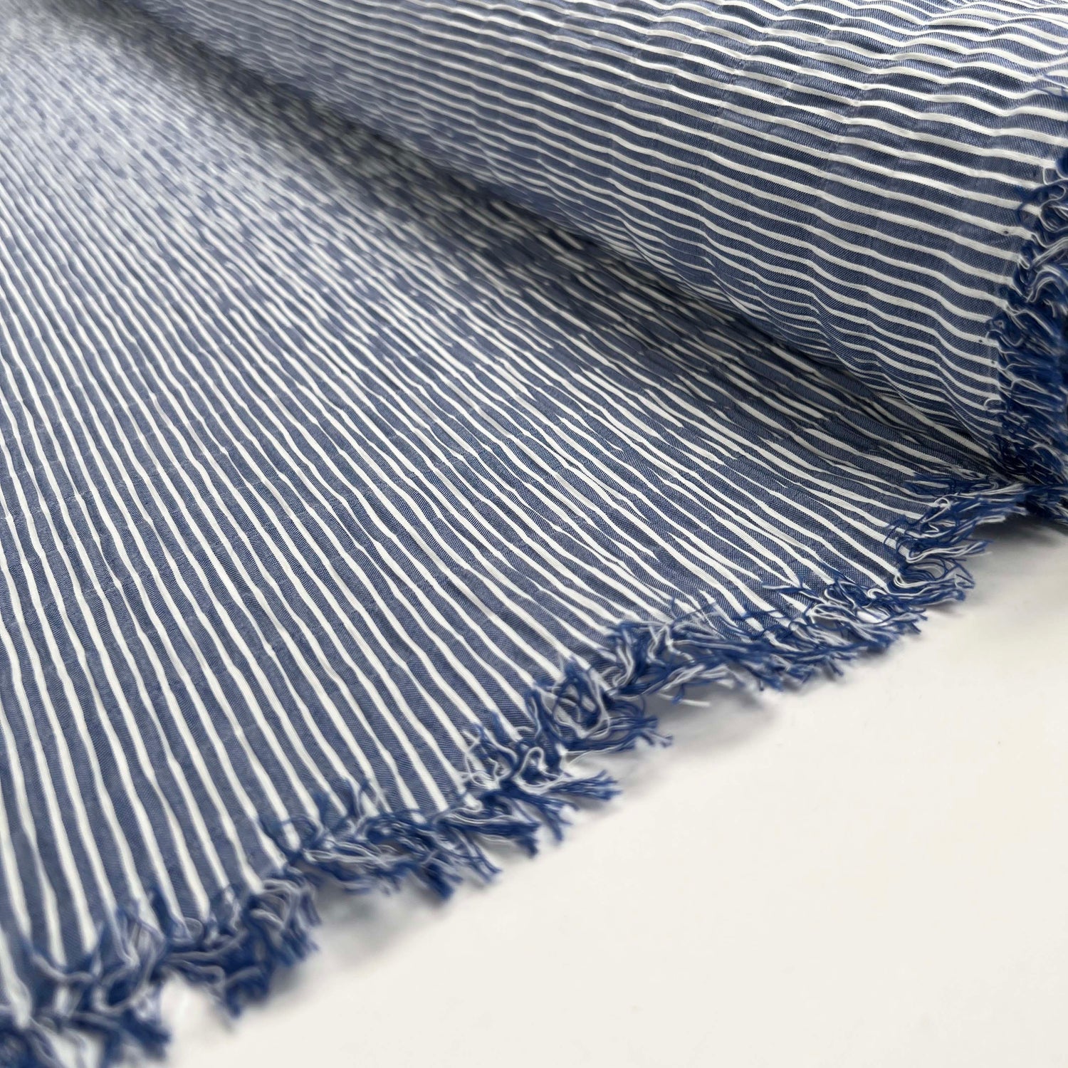 Crinkle Seersucker Stripe Blue Cotton Polyester Elastane White Woven Dress Fabric Roll