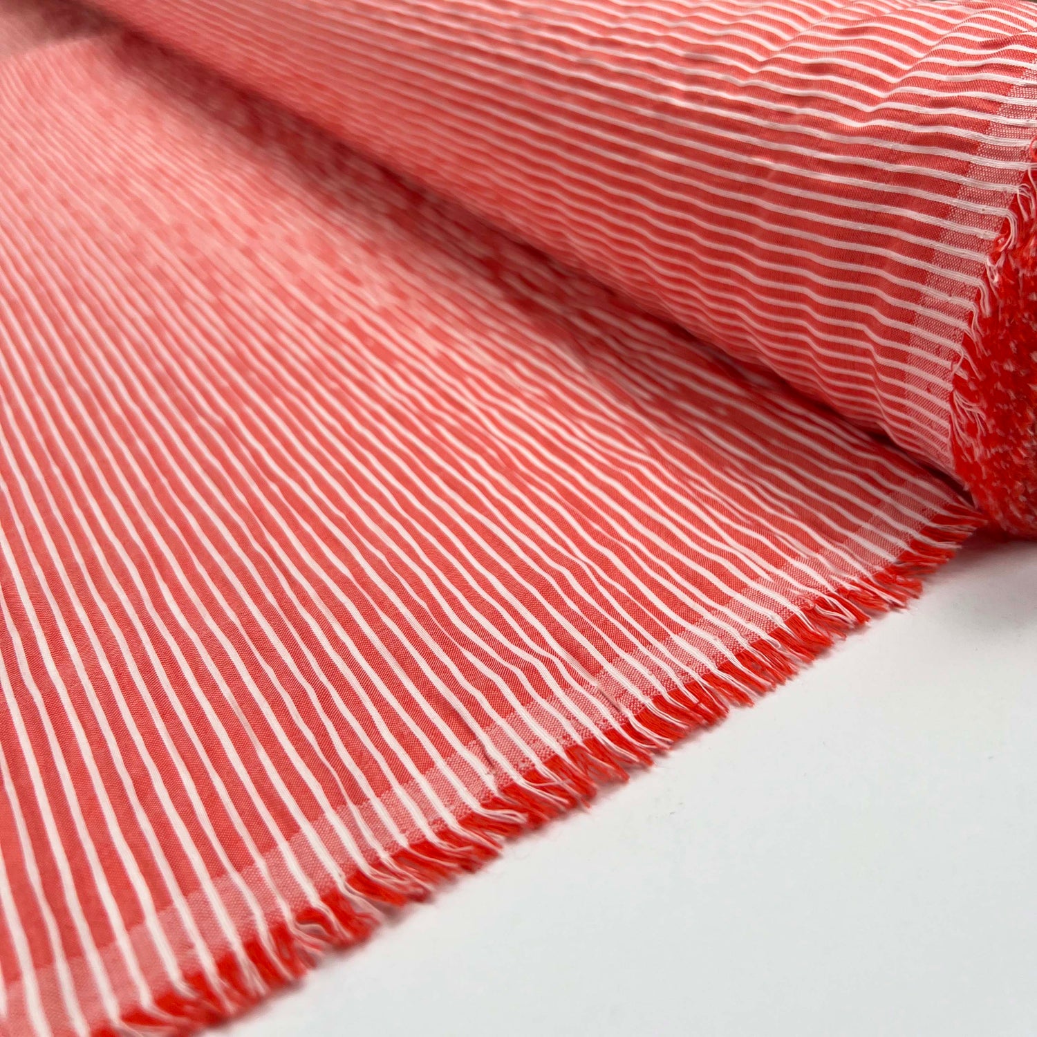 Crinkle Seersucker Stripe Red Cotton Polyester Elastane White Woven Dress Fabric Roll