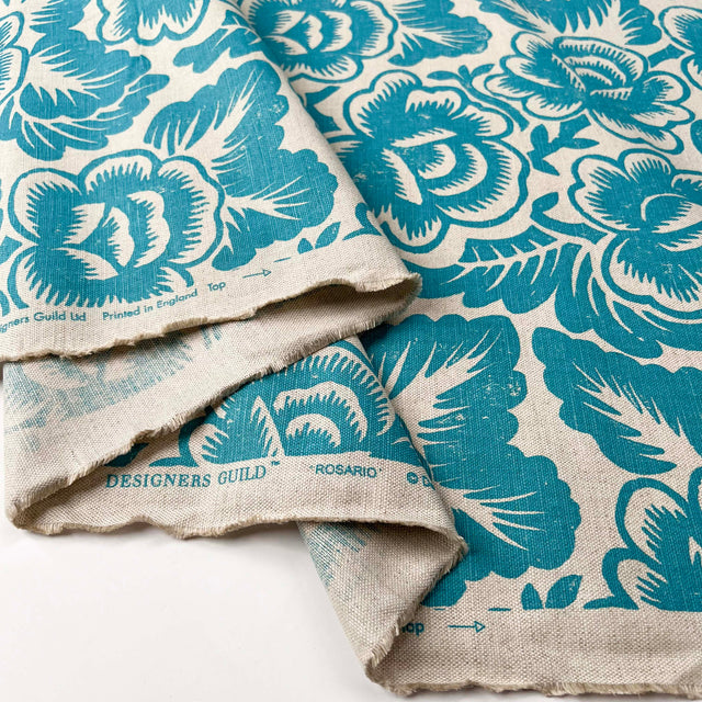 Designers Guild Aqua Floral Fabric DG Printed Linen Mix Rosario Fold