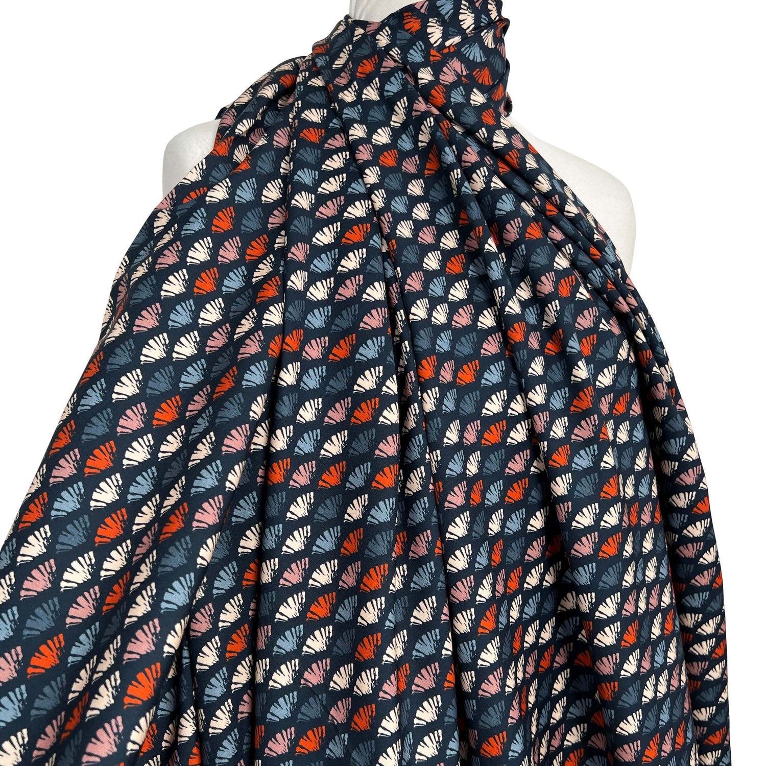 Abstract Printed Cotton Dress Fabric Dashwood Poplin Navy Fans Mannequin