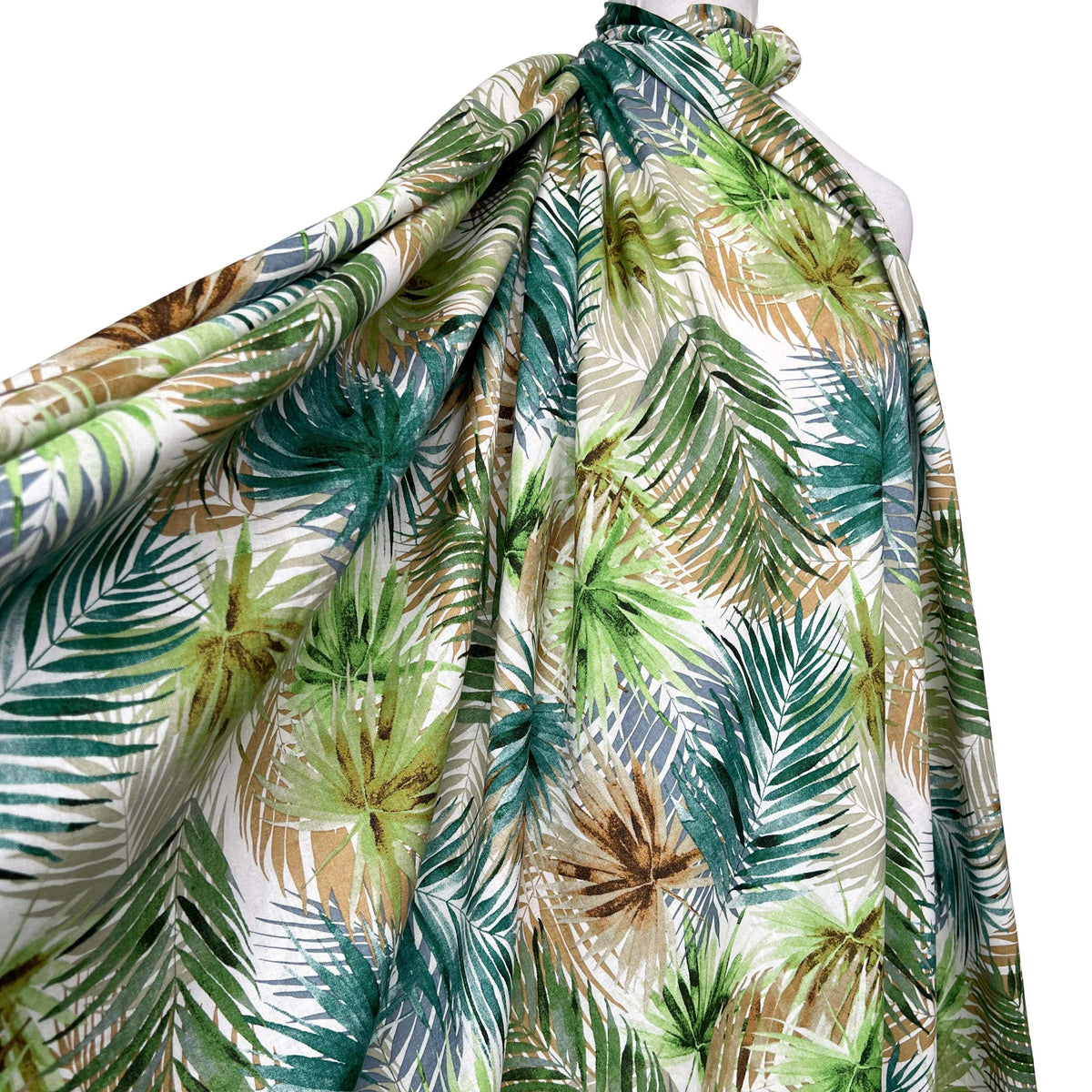 Viscose Linen Blend Palm Green Brown Leaf Print Dress Fabric Ecuador Mannequin