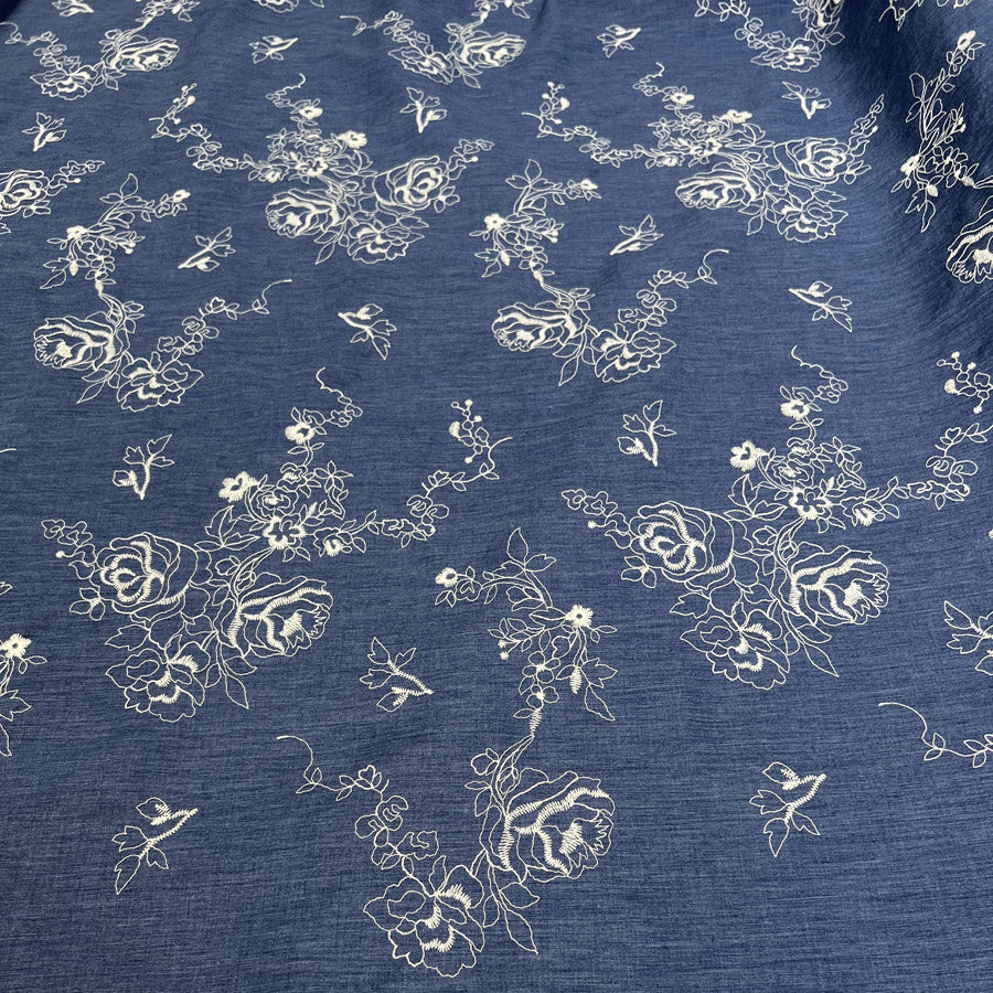 Embroidered Chambray - Denim Blue - Roses