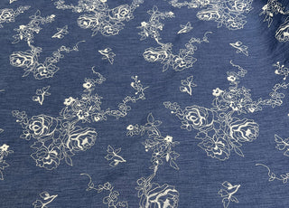 Embroidered Chambray Denim Blue Roses Ecru Floral Dress Fabric