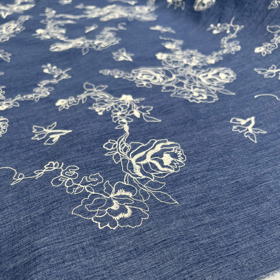 Embroidered Chambray - Denim Blue - Roses