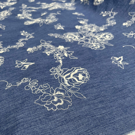 Embroidered Chambray - Denim Blue - Roses