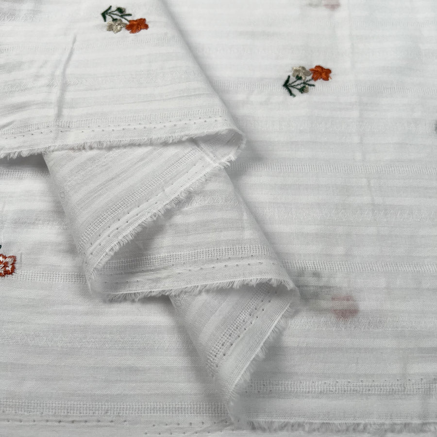 Embroidered Cotton Stripe - Orange Floral