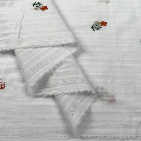 Embroidered Cotton Stripe Orange Floral White Woven Summer Dress Fabric Fold