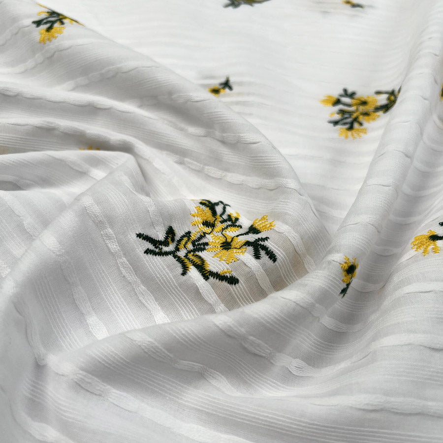 Lightweight Dress Fabric | Embroidered Cotton Stripe - Yellow Floral Croft Mill Lightweight Dress Fabric | Embroidered Cotton Stripe - Yellow Floral Croft Mill